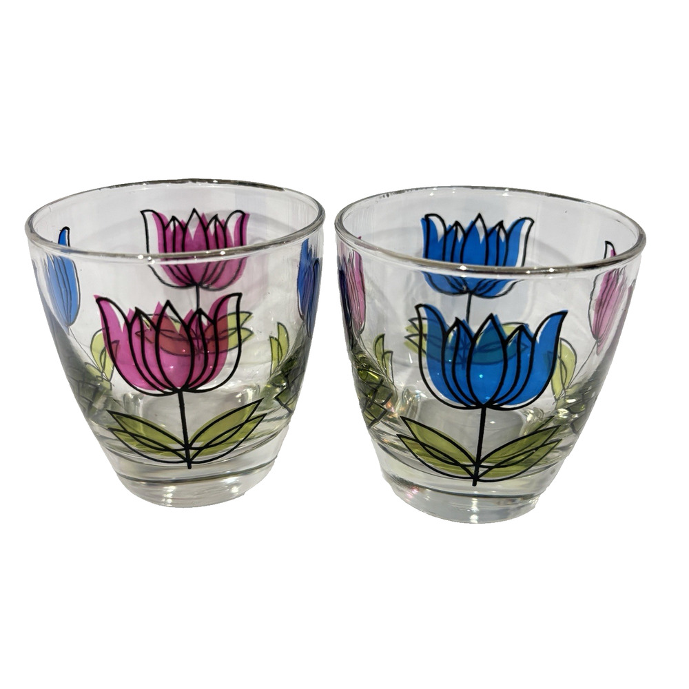 Vintage Libbey Tulip Stained Glass Lowball Tumblers 3.5in Set of 2 Retro Glass